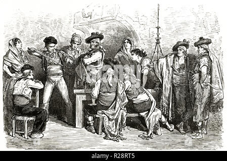 Alte Abbildung: Darstellung toreador Mimik stierkampf unter den Menschen in Valencia, Spanien. Von Dore, Publ. Bei le Tour du Monde, Paris, 1863 Stockfoto