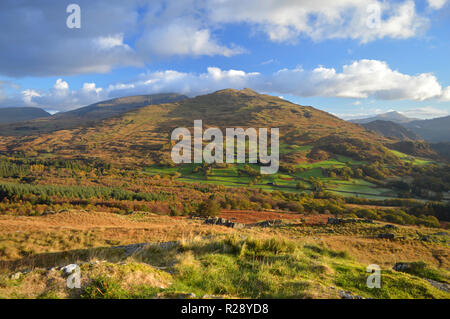 Blick auf Ffridd Uchaf und Snowdonia aus Moel Hebog Stockfoto