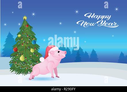 Nettes Schwein red hat in der Nähe von Tannenbaum dekoriert bunte Kugeln Frohes neues Jahr frohe Weihnachten Konzept flachen Wald Landschaft Hintergrund horizontal Stock Vektor