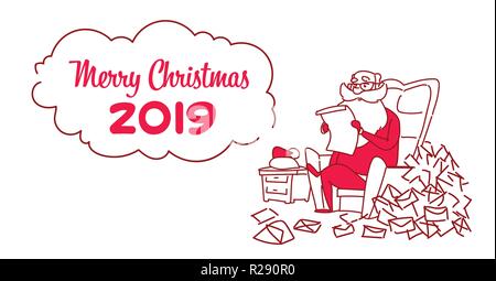 Santa claus Lesen frohe Weihnachten Wunschliste schreiben Stapel neues Jahr feier Konzept Skizze doodle horizontal Stock Vektor