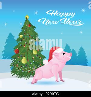 Nettes Schwein red hat in der Nähe von Tannenbaum dekoriert bunte Kugeln Frohes neues Jahr frohe Weihnachten Konzept flachen Wald Landschaft Hintergrund Stock Vektor