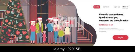 Multi-generation Familie zusammen im Haus in der Nähe von eingerichteten Tanne Frohes neues Jahr frohe Weihnachten Konzept waagrechten Platz kopieren Stock Vektor