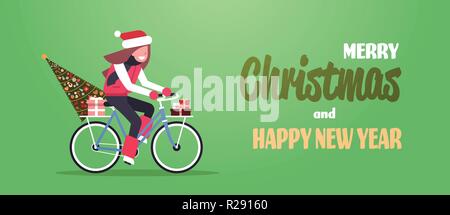 Frau Reiten Fahrrad mit Tannenbaum Geschenkbox frohe Weihnachten Frohes neues Jahr Konzept waagrechten Stock Vektor