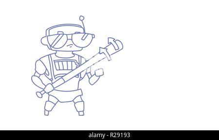 Niedliche Roboter spielen Baseball moderne künstliche Intelligenz Technologie Konzept Skizze doodle horizontal Stock Vektor