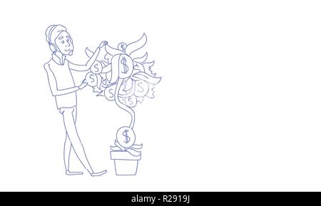 Geschäftsmann Bewässerung Money Tree Finanzen Erfolg Konzept Skizze doodle horizontal Stock Vektor