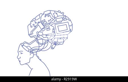 Menschlichen Kopf mit modernen Cyborg Gehirn künstliche Intelligenz Technologie Konzept Skizze doodle horizontal Stock Vektor