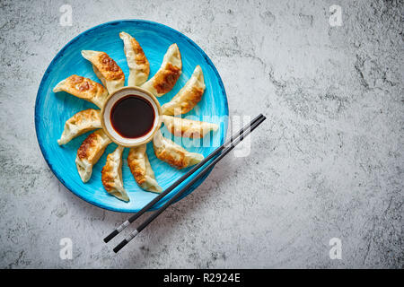 Traditionelle asiatische Knödel Gyozas auf Türkis Keramikplatte Stockfoto