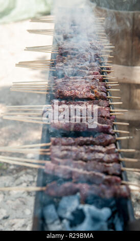 (Arrosticini rustelle oder arrustelle in die lokalen Dialekte; auch bekannt als Spiedini oder spidducci) sind in der Regel kastriert ist Schaf Fleisch (Hammel gemacht Stockfoto