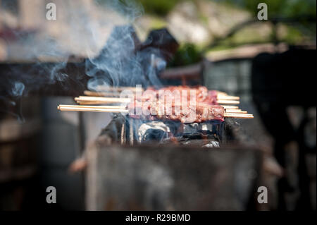 (Arrosticini rustelle oder arrustelle in die lokalen Dialekte; auch bekannt als Spiedini oder spidducci) sind in der Regel kastriert ist Schaf Fleisch (Hammel gemacht Stockfoto