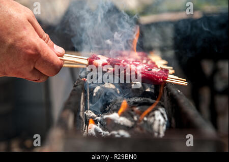 (Arrosticini rustelle oder arrustelle in die lokalen Dialekte; auch bekannt als Spiedini oder spidducci) sind in der Regel kastriert ist Schaf Fleisch (Hammel gemacht Stockfoto