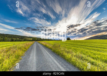 Summer sunset over Norwegian countryside road Stockfoto