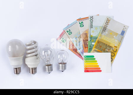 Glühbirnen und Europäischen Banknoten mit Energy Rating Label (isoliert) Stockfoto