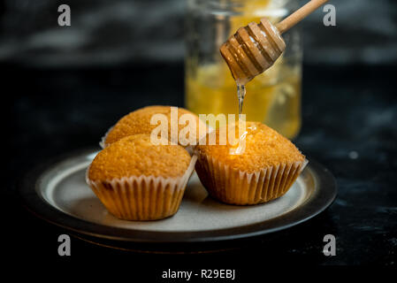 Lemon Muffins gekrönt mit goldenen Honig Stockfoto