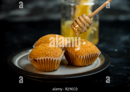 Lemon Muffins gekrönt mit goldenen Honig Stockfoto