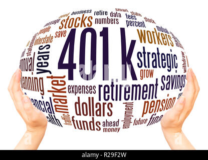 401k, word Cloud Hand Kugel Konzept auf weißem Hintergrund. 401 k-Retirement Savings Plan vom Arbeitgeber gefördert. Stockfoto