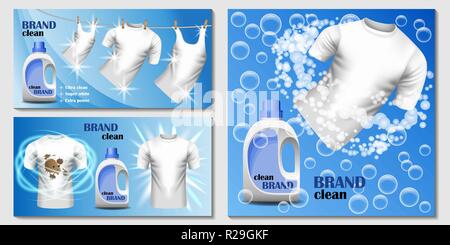 Waschküche Waschmaschine banner Konzept gesetzt. Realistische Abbildung: 3 Waschküche Waschmaschine Vektor banner horizontale Konzepte für Web Stock Vektor