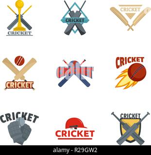 Cricket sport Ball bat Logo Symbole gesetzt. Flache Abbildung: 9 cricket Sport Ball bat logo Vector Icons für Web Stock Vektor