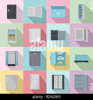 Gefrierschrank Kühlschrank gefrorenem Eis Symbole gesetzt. Flache Darstellung von 16 Gefrierschrank Kühlschrank gefrorenem Eis Vector Icons für Web Stock Vektor