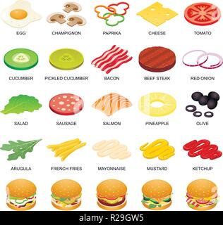 Burger Zutat Symbole gesetzt. Isometrische Darstellung der 25 burger Zutaten essen Vector Icons für Web Stock Vektor