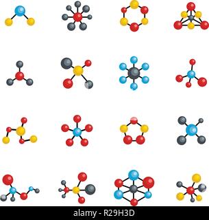 Molekulare Struktur der chemischen Symbole gesetzt. Flache Darstellung von 16 molekulare Struktur chemische Vector Icons isoliert auf weißem Stock Vektor