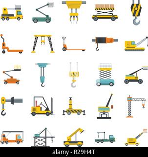 Anheben der Maschine Ausrüstung Symbole gesetzt. Flache Darstellung von 25 Maschinen Hebezeuge Cargo Vector Icons isoliert auf weißem Stock Vektor