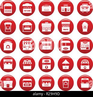 Street Food kiosk Symbole gesetzt. Einfache Abbildung: 25 Street Food kiosk Vector Icons rot isoliert Stock Vektor