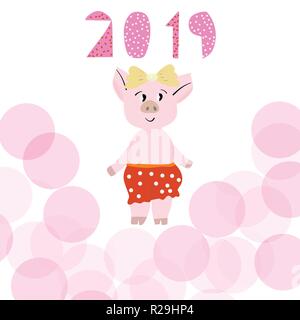 2019 Happy New Year Karte Design. Niedliche rosa Schwein in Rot pantalones. Ausgezeichnete festliche gift card. Vector Illustration auf weißem Hintergrund. Stock Vektor