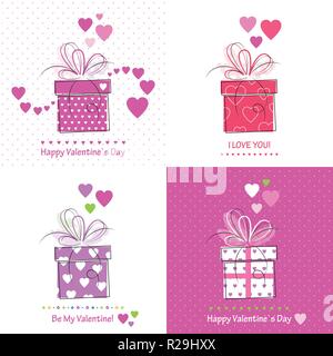Vier Valentines Tag Karten mit Lila und Rot präsentiert, Bögen und Herzen Stock Vektor