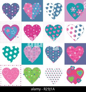 Schöne bunte gepunktete und blumige Herz Sammlung Muster Stock Vektor