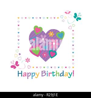 Bunt süß Herzen happy birthday Karte mit Kerzen und Schmetterlinge Stock Vektor