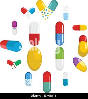 Kapsel Pille Medizin Symbole gesetzt. Flache Abbildung: 16 capsule Pille Medizin Vector Icons für Web Stock Vektor