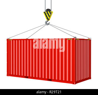 Service Delivery - red Cargo Container durch Haken hochgezogen Stockfoto