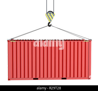 Service Delivery - red Cargo Container durch Haken hochgezogen Stockfoto