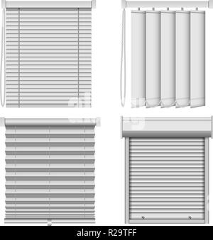 Blinde Fenster Vorhänge mockup eingestellt. Realistische Abbildung: 4 Blinde Fenster Vorhänge mockups für Web Stock Vektor