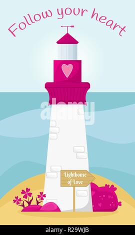 Valentinstag Hintergrund. Rosa Leuchtturm der Liebe. Folgen Sie Ihrem Herzen. Stock Vektor