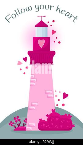 Valentinstag Hintergrund. Rosa Leuchtturm der Liebe. Folgen Sie Ihrem Herzen. Stock Vektor