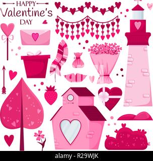 Valentinstag eingestellt. Rosa Haus, Süßigkeiten, Geschenke, Blumen, Bäumen, Leuchtturm, Girlande. Stock Vektor