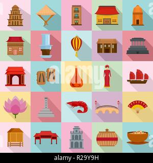 Vietnam Reisen Tourismus Symbole gesetzt. Flache Darstellung von 25 Vietnam Reisen Tourismus Vector Icons für Web Stock Vektor