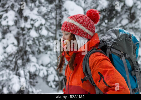 Frau freerider Snowboarder in einer verschneiten Wald Stockfoto