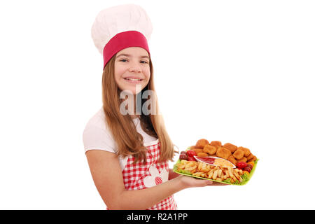 Happy girl Kochen mit Chicken Nuggets und Pommes frites Fast Food Stockfoto