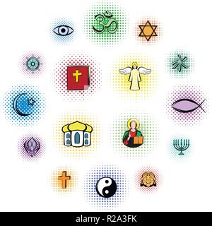 Religion comics Symbole auf weißem Hintergrund Stock Vektor