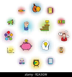 Business Planung Symbole im Comic Stil auf weißem Hintergrund einstellen Stock Vektor