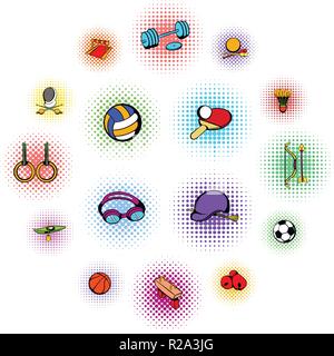Sportgeräte Symbole im Comic Stil auf weißem Hintergrund Stock Vektor