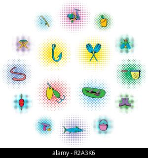 Angeln Symbole im Comic Stil auf weißem Hintergrund Stock Vektor