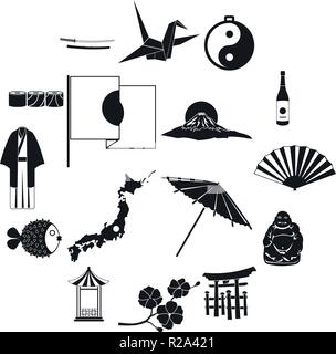Japan Symbole in Schwarz, einfachen Stil auf weißem Hintergrund einstellen Stock Vektor