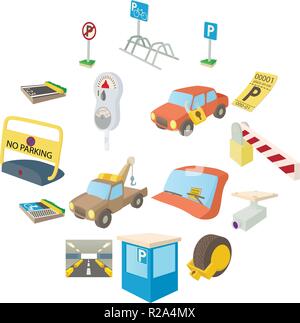 Parkplatz Symbole im Cartoon-Stil, die isoliert auf weißem Hintergrund festlegen Stock Vektor