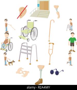 Menschen mit Behinderungen Pflegeset im Cartoon-Stil, die isoliert auf weißem Hintergrund Stock Vektor