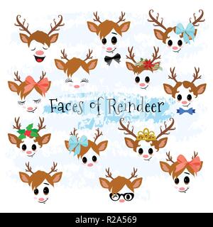 Weihnachtsdekor Rentier Gesichter Clipart Stock Vektor