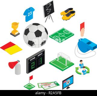 Fußball isometrische 3D-Symbole. 16 Fußball-Symbole auf einem weißen Hintergrund Stock Vektor