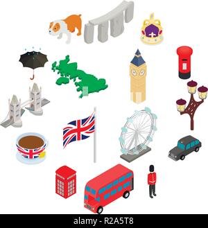 England Symbole in isometrischer 3D-Stil, isoliert auf weiß gesetzt Stock Vektor